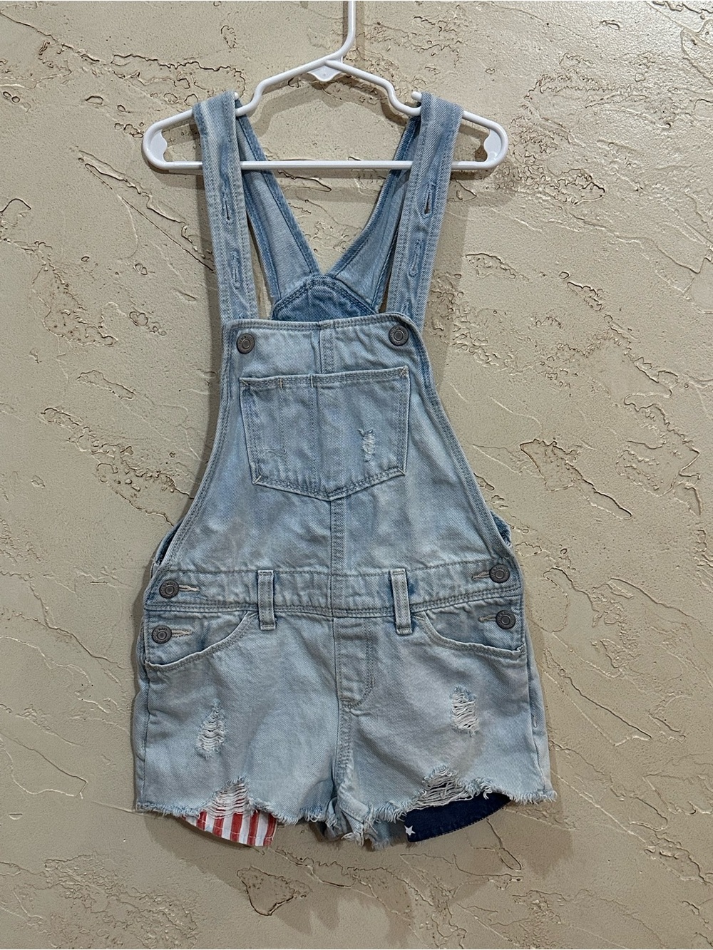 Old Navy Light Wash Distressed Girls Denim Short Overalls Patriotic Pockets Sz M